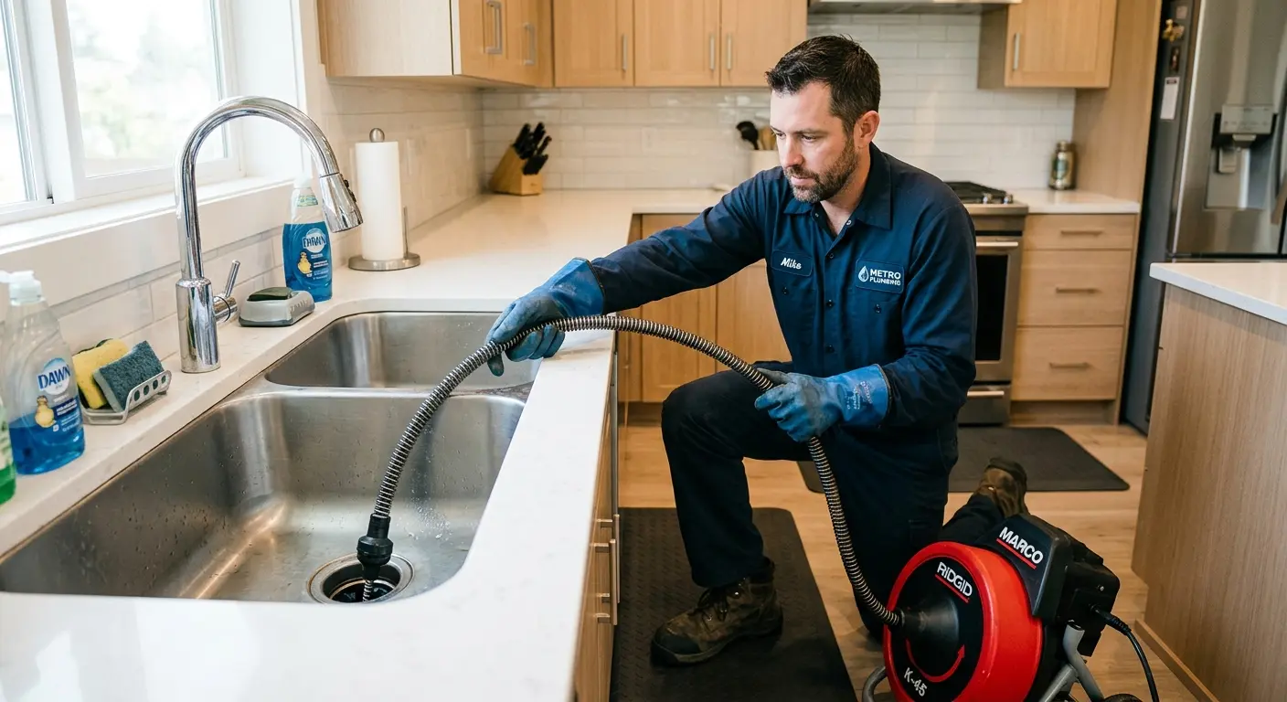 Drain cleaning technician using a motorized snake on a kitchen sink in Springfield