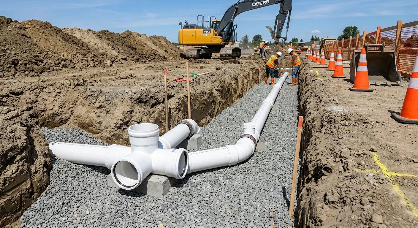 New PVC sewer pipe installation in open trench for Sewer Backup in Springfield